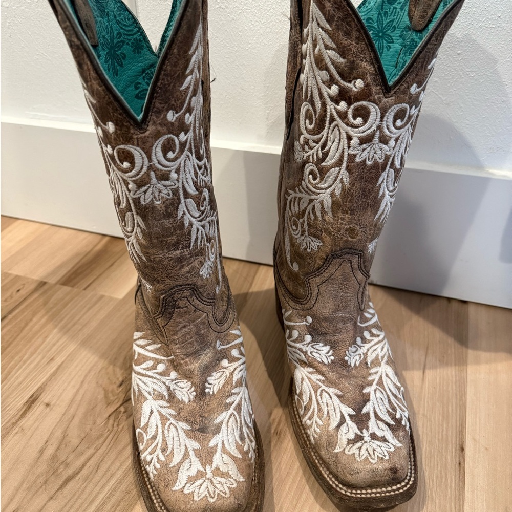 Brown and White Embroidered Cowboy Boots